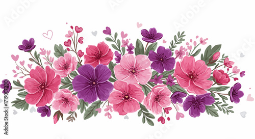 A beautiful digital illustration showcasing a vivid bouquet of pink and purple flowers with tiny green leaves, enhanced by charming heart decorations. 