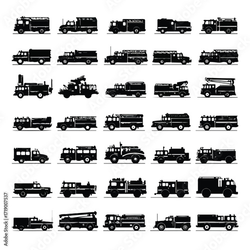 Collection of diverse fire truck silhouettes isolated on white background