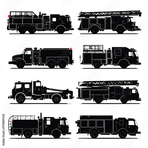 Collection of fire truck silhouettes in black and white isolated on white background