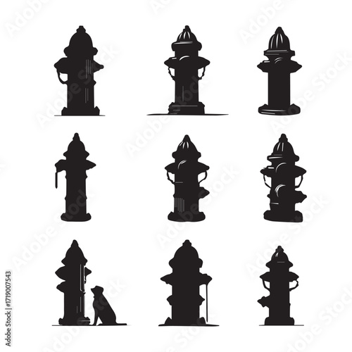 Collection of black and white fire hydrant silhouettes isolated on a white background isolated on white background