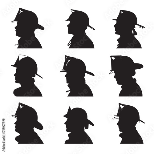 Collection of firefighter helmet silhouettes in black and white isolated on white background