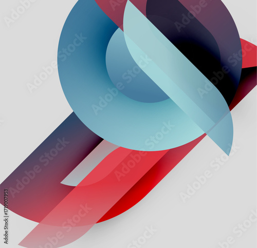Abstract composition featuring overlapping translucent circles, rectangles. Red, blue hues dominate neutral background. Modern design elements present.