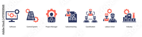 Project Coordination web banner icon vector illustration featuring Software, Control System, Project Manager, Subcontracting, Coordination, Labour Union, and Industry.