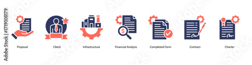 Project Execution web banner icon vector illustration featuring Proposal, Client, Infrastructure, Financial Analysis, Completed Form, Contract, and Charter.