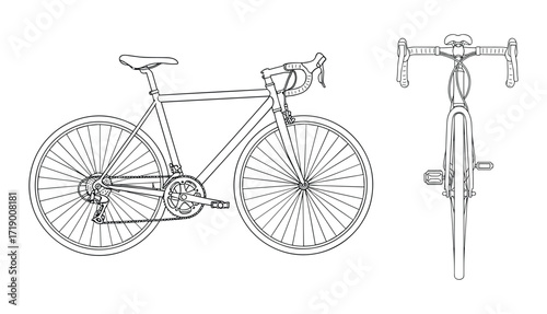 Road Bike Line Art Vector Illustration, Front and Side View