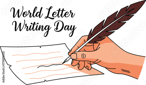 A hand is writing a letter with a quill pen world letter writing day