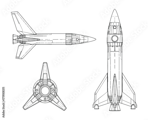 Rocket Spacecraft Blueprint with Side, Front, Top Views