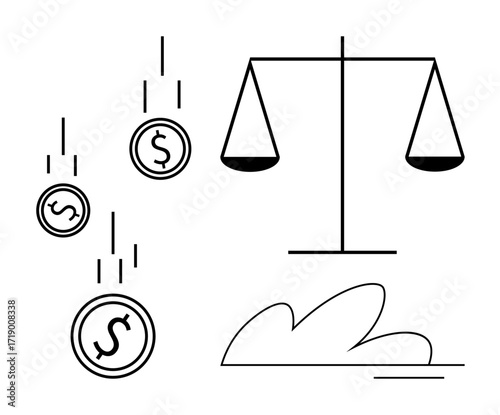 Balance scale paired with falling monetary coins and abstract cloud. Ideal for finance, balance, economy, risk, justice, wealth, sustainability. A simple flat metaphor for financial fairness