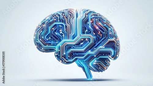 Abstract glowing blue circuit board brain symbolizing artificial intelligence and technology isolated on transparent background