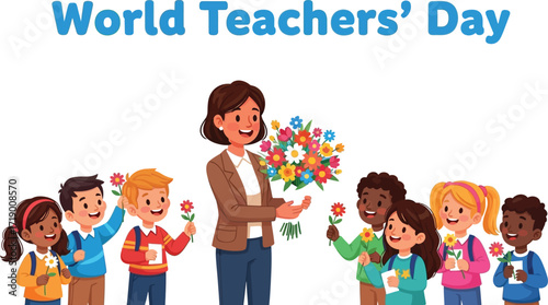 A teacher is holding a bouquet of flowers and surrounded by students world teachers day