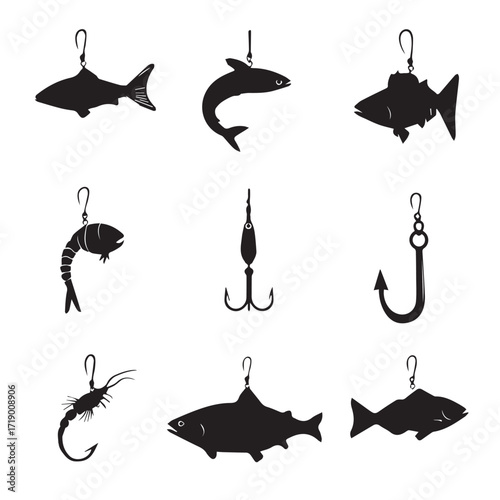 Collection of diverse fish hook silhouettes for fishing and outdoor activities isolated on white background