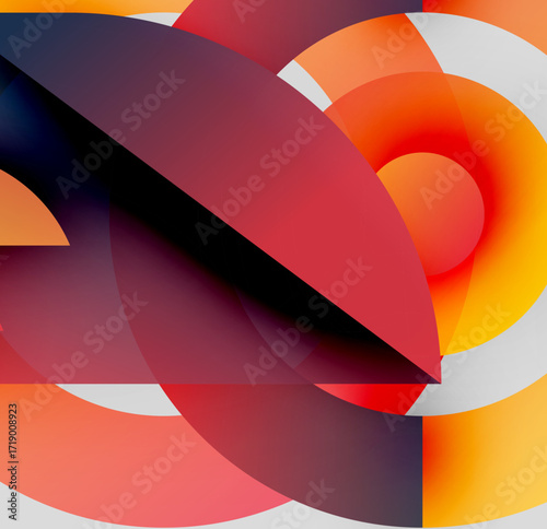 Abstract composition. Overlapping shapes create dynamic visual effect. Warm, cool colors blend, forming complex patterns. Modern design.