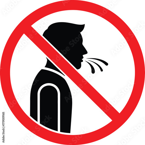 A black silhouette of a person coughing or spitting with droplets, inside a red circle with a diagonal line, indicating a prohibition against such actions.