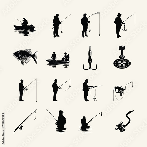Collection of diverse fishing lure silhouettes in black and white isolated on white background