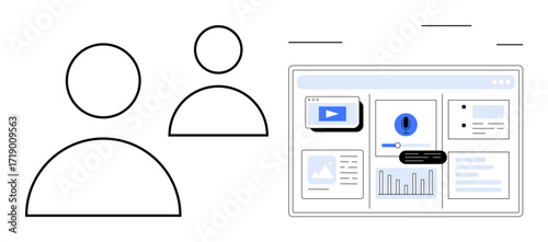 Simplistic user profiles beside a dynamic dashboard featuring video, data charts, notifications, and layouts. Ideal for teamwork, analytics, UI design, data management, collaboration software