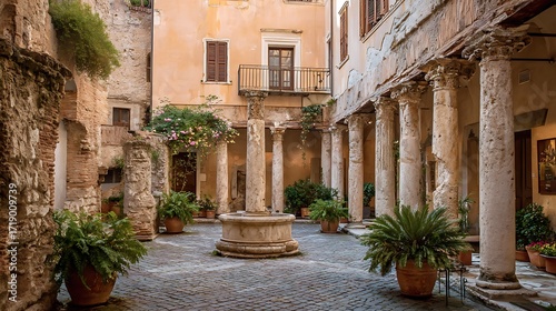 Ancient Roman house pillars in historic courtyard