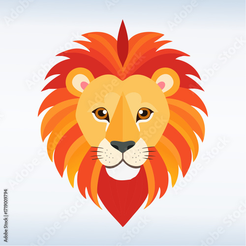 Lion head stares forward with vibrant mane against a white backdrop, showcasing strength and majesty in a stylized depiction.