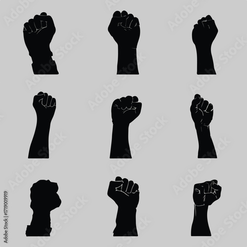 Collection of diverse fist gestures in silhouette style isolated on white background