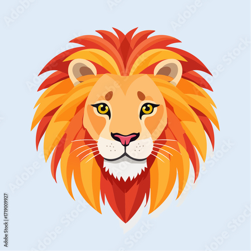 Lion head stares intently with vibrant mane against a light blue backdrop, showcasing a stylized and modern animal portrait.