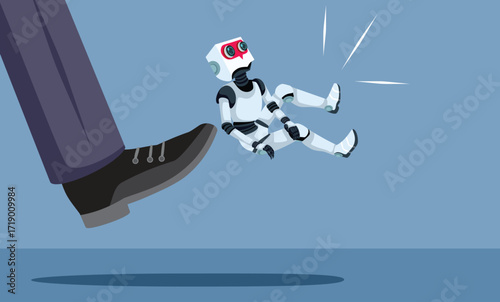 Employee Kicking Out Robot from the Workplace Vector Cartoon. Failing automation of the working process lacking in promised productivity
