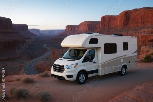 Camper van parked on desert cliffside road at sunrise in scenic red rock canyon landscape, peaceful travel and adventure atmosphere.
