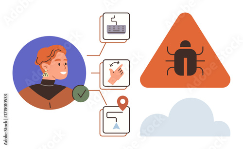 User analyzing system workflow with icons showing keyboard, swipe action, and map pin. Bug warning in triangle highlights cybersecurity risk. Ideal for technology, security, software, IT, education