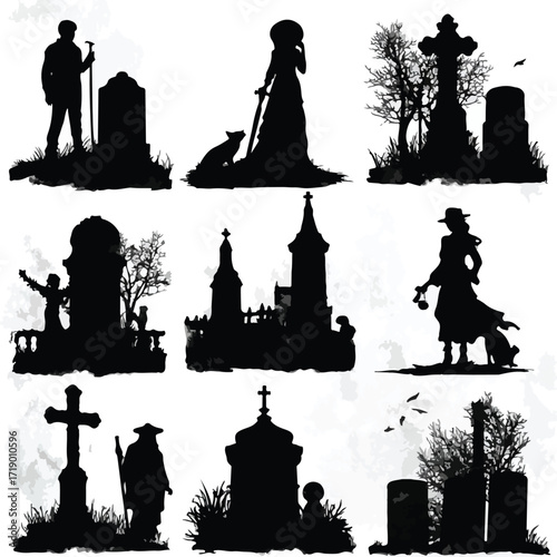 Collection of spooky halloween gravestone silhouettes for design projects isolated on white background