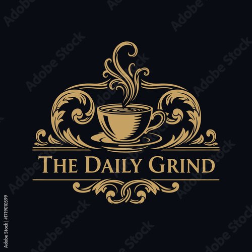 Vintage coffee shop logo featuring a stylized coffee cup and ornate flourishes, set against a dark background.
