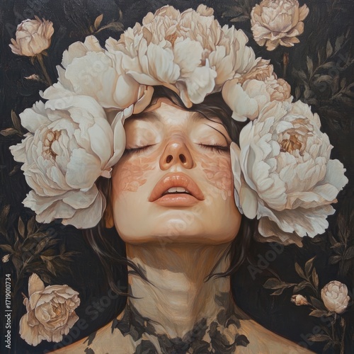 Fototapeta Naklejka Na Ścianę i Meble -  Woman crowned with peonies, serene face