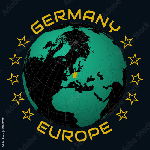 Germany on Globe. Round country and continent name text. Country view on world map in Black Emerald color palette. Germany shape on map. Charming vector illustration.