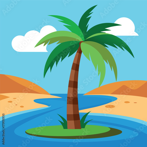Palm tree illustration beside a flowing river without a white background