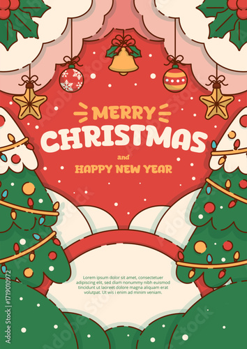 Merry Christmas Poster With Christmas Decoration in Snowy Scene. Vector Illustration