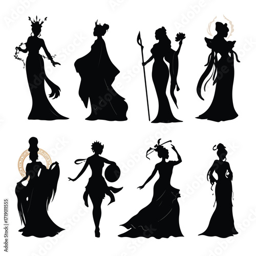 Collection of elegant greek goddess silhouettes in black and white isolated on white background
