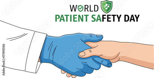World patient safety day banner with doctor hand in glove shaking patient hand in a gesture of trust