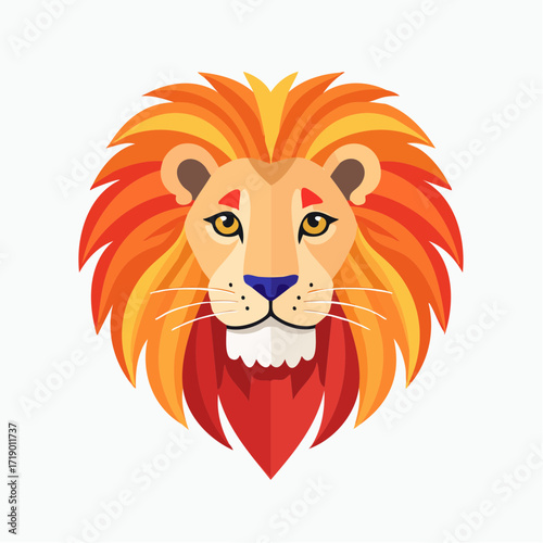 Lion head with colorful mane stares intensely on white backdrop, symbolizing strength and courage in a modern and stylized way.