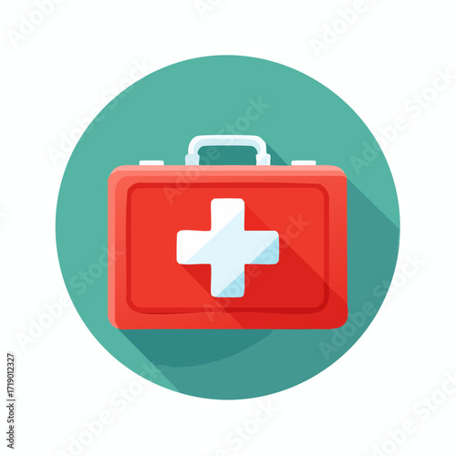 Red first aid kit sits ready for use in medical office providing safety and preparedness for emergencies and health incidents.