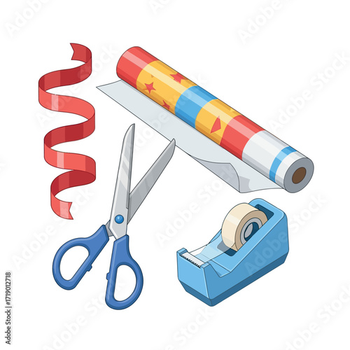 Gift Wrapping Supplies Including Scissors Tape and Ribbon for Special Occasions