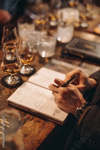 A guest holding a tasting notebook They jot down notes after each sip The mood feels reflective and curious