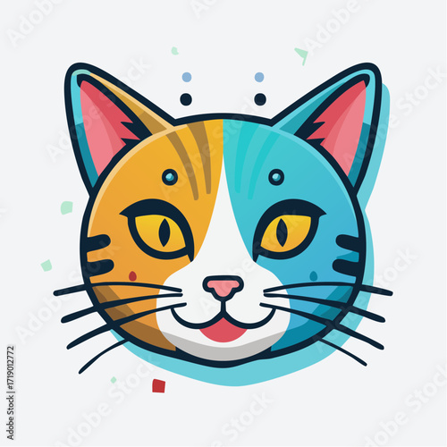 Cute cartoon cat with colorful fur smiles cheerfully against a white backdrop, creating a playful and whimsical mood.