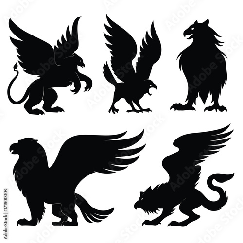 Collection of mythical griffin silhouettes in black and white isolated on white background