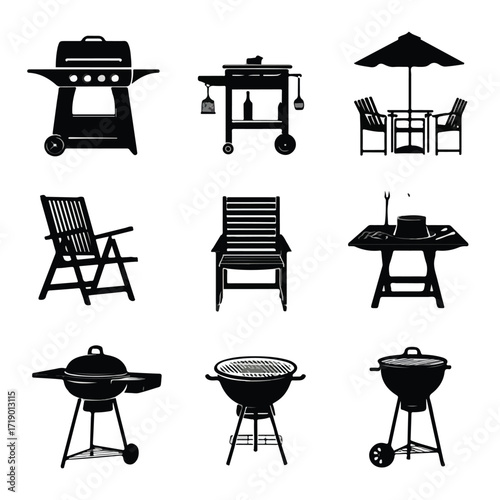 Collection of diverse grill silhouettes for outdoor cooking and barbecue designs isolated on white background
