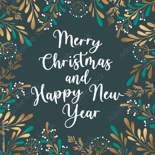 Merry Christmas and New Year vector illustration with lettering and frame from gold mistletoe branches isolated on dark background. Holiday design template for greeting card, invitation