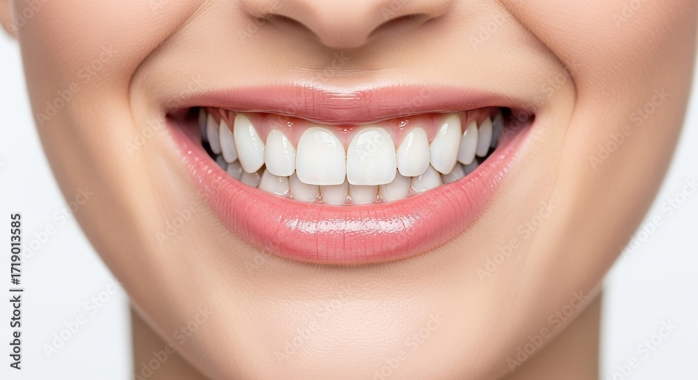 Obraz premium Female Mouth with Perfect White Teeth and Glossy Lips in Soft Blue Background