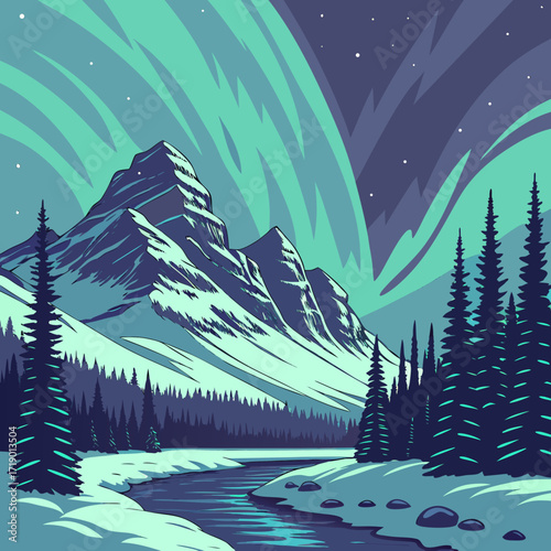 Northern Lights over Snowy Landscape Vector