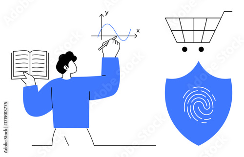 Person studies graph using book, shield depicts fingerprint security, cart suggests purchasing. Ideal for education, analytics, security, technology, e-commerce innovation growth. Clean flat