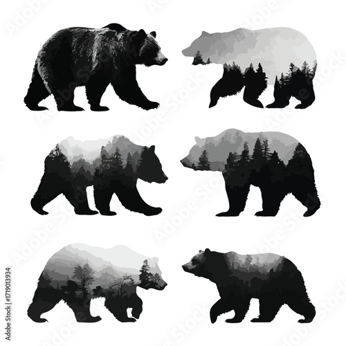 Collection of grizzly bear silhouettes in various poses isolated on white background