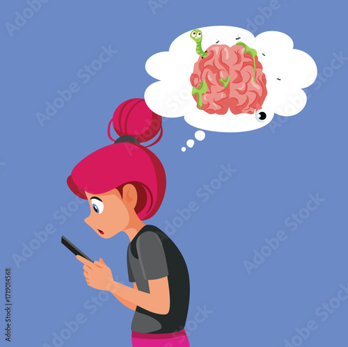 Teen girl Suffering from Brainrot Vector Cartoon Character. Addicted teenager suffering posture and mental struggles from using smartphone 
