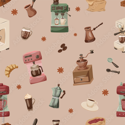 Vector coffee seamless pattern with different barista tools and coffee makers. Drawing illustration for cafe or coffee shop designs.