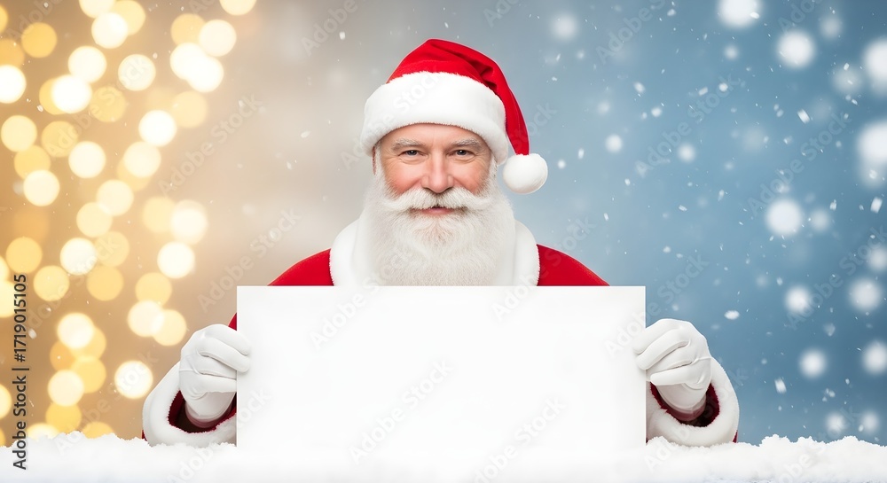 Naklejka premium Santa Claus, dressed in his traditional red suit and hat, holds a blank sign. The background features bokeh lights and falling snow, creating a festive atmosphere.