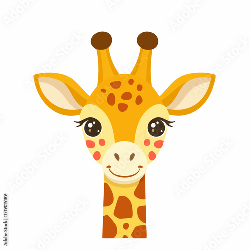 Cute giraffe smiling cheerfully with big eyes and spots on its neck in a playful and whimsical style, perfect for children's projects.